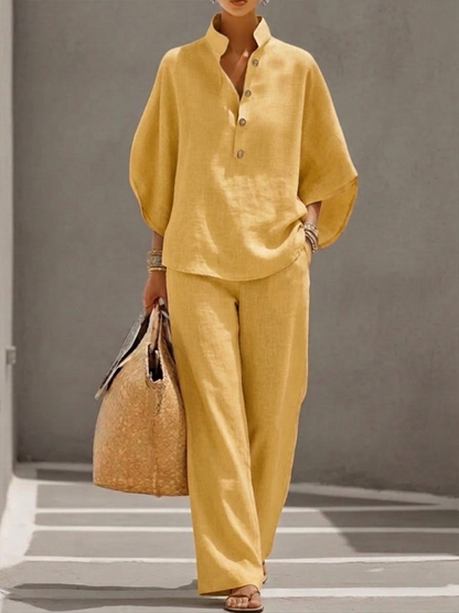 【S-5XL】 Nueva llegada a precio especial: Traje de lino con mangas murciélago y pantalón de pierna ancha