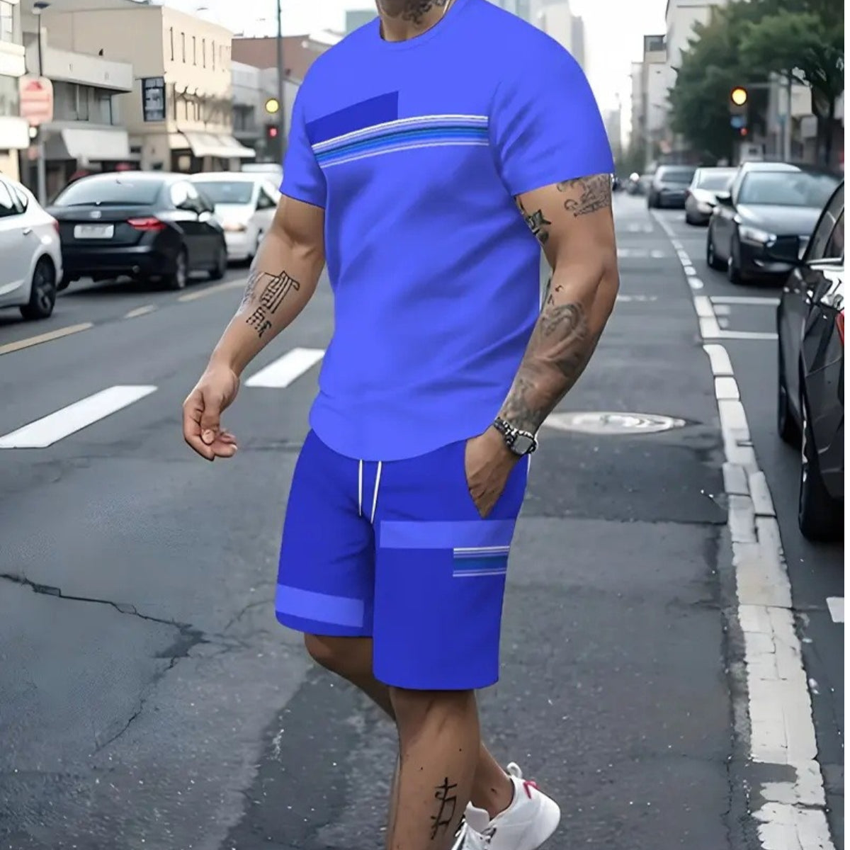 [50% de descuento] Conjunto estampado de moda para hombre: pantalones cortos casuales de playa + camiseta de manga corta