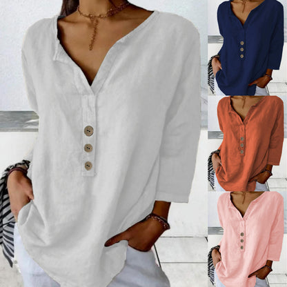 [S-3XL] Nueva camisa casual de cuello en V de color liso con botones para mujer