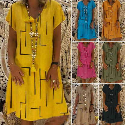 😍🌲【ZĽAVA 50 %】👗【S–5XL】Nové bavlneno-ľanové šaty s výstrihom do V a potlačou 🌿