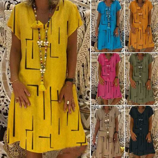 😍🌲【ZĽAVA 50 %】👗【S–5XL】Nové bavlneno-ľanové šaty s výstrihom do V a potlačou 🌿