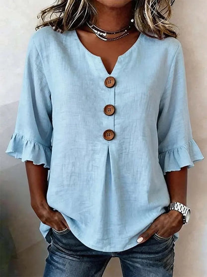 [S-3XL] Nueva camisa de mujer con cuello en V y volantes, mezcla de algodón y lino, con botones: sencilla y elegante.