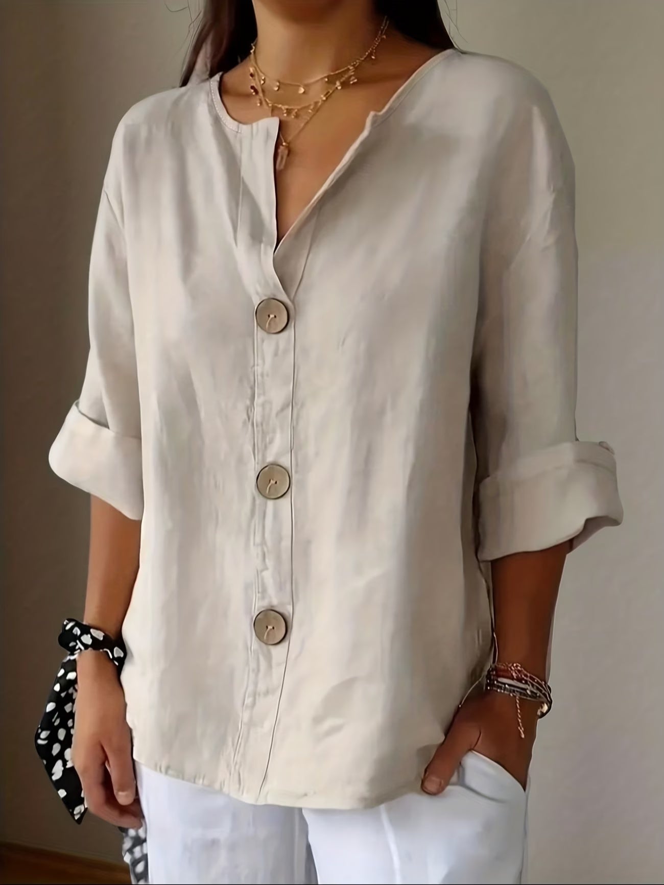 [S-5XL] Blusa de algodón y lino para mujer - Camisa abotonada con cuello en V, corte holgado
