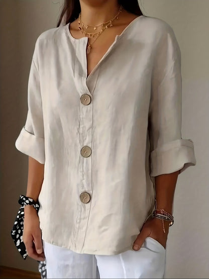 [S-5XL] Blusa de algodón y lino para mujer - Camisa abotonada con cuello en V, corte holgado